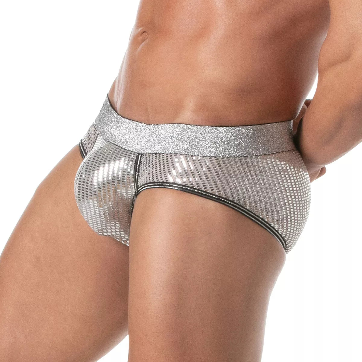 Silver sequined briefs with glittery waistband and black trim from the glitter brief collection
