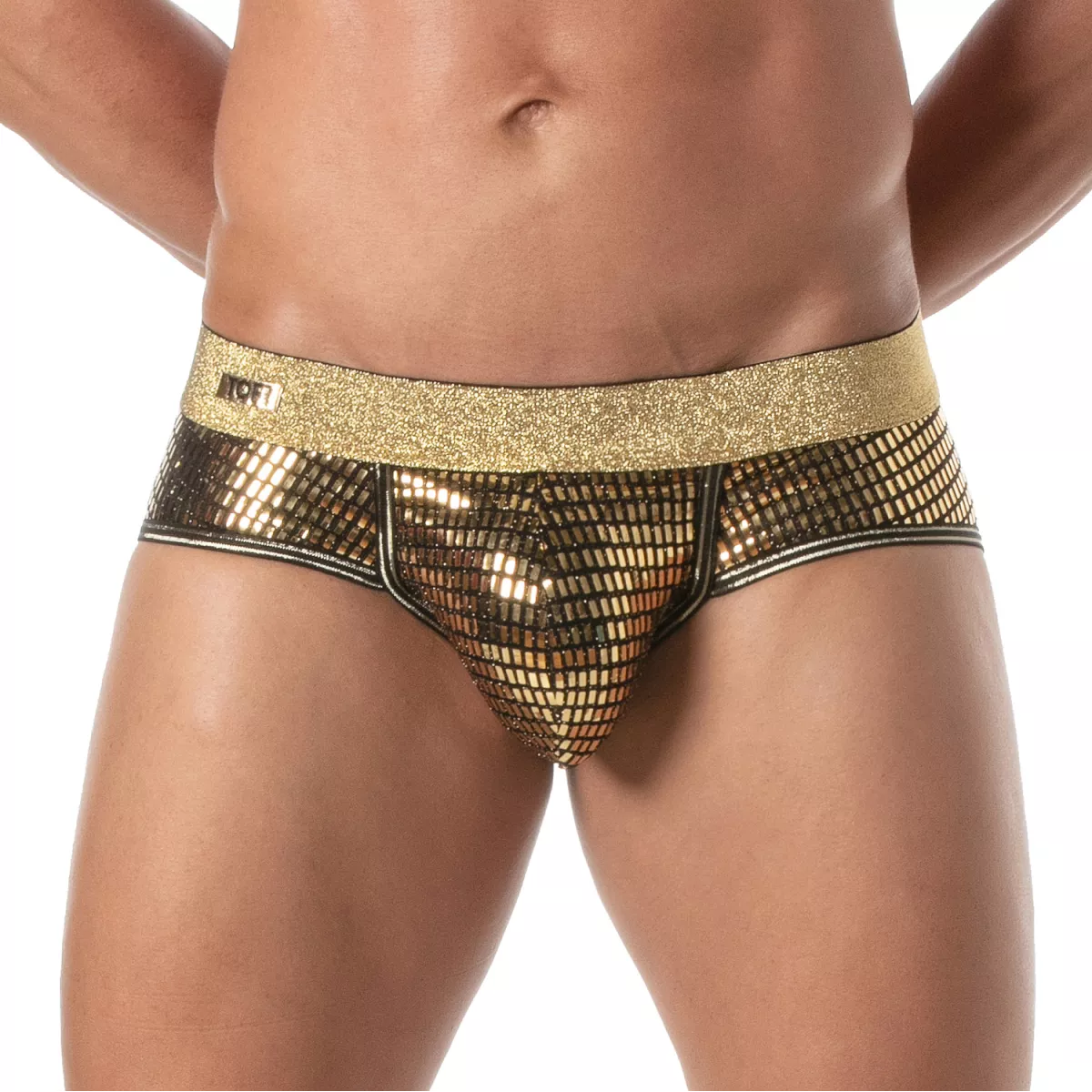 Gold sequined briefs with a glittery waistband and black trim from the glitter brief collection