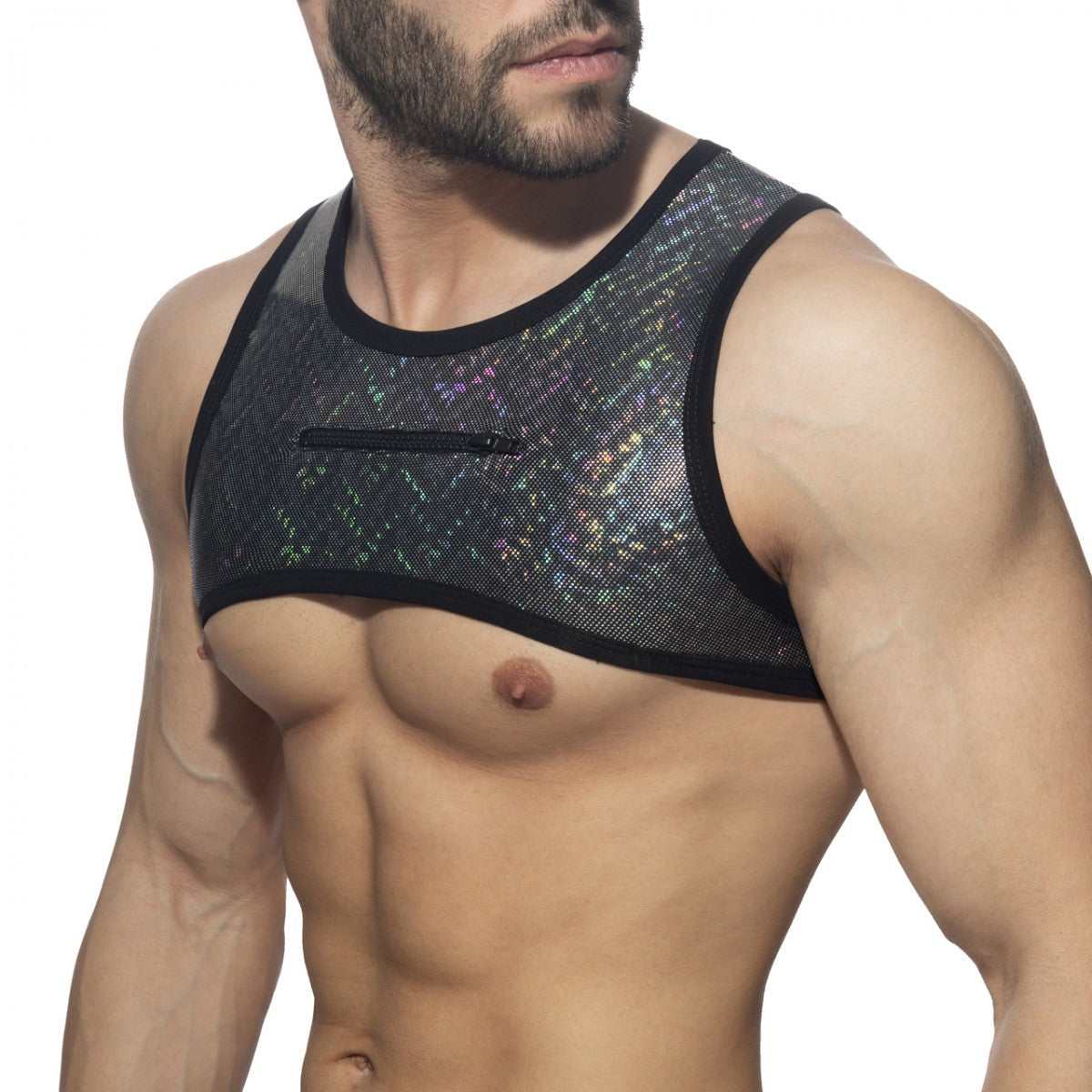 Black holographic mesh tank top glitter harness with zipper pocket for edgy stylish wear