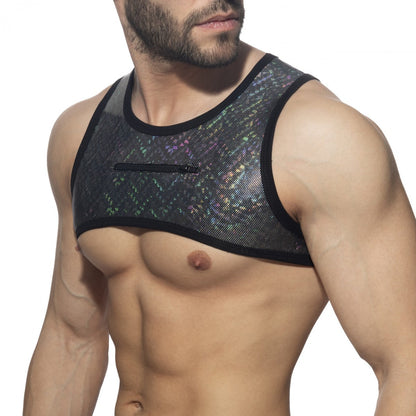 Black holographic mesh tank top glitter harness with zipper pocket for edgy stylish wear