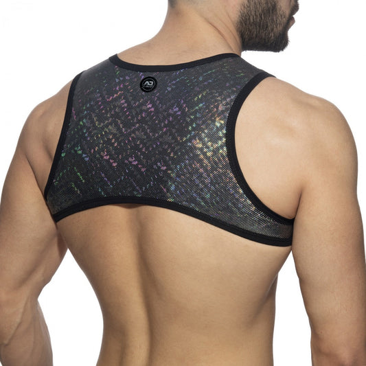 Black mesh tank top glitter harness with iridescent starry pattern and black trim visible from the front