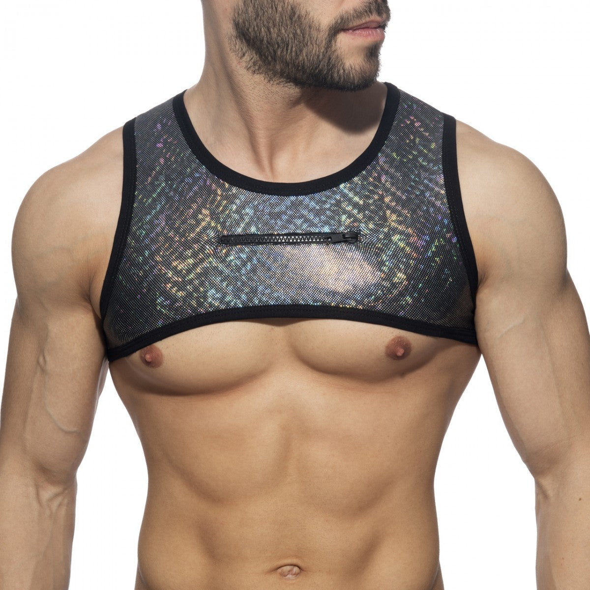 Black and silver holographic mesh tank top with central zipper from glitter harness collection