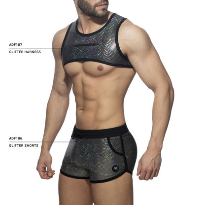 Black and iridescent glitter harness with mesh design paired with matching shorts for bold festival wear