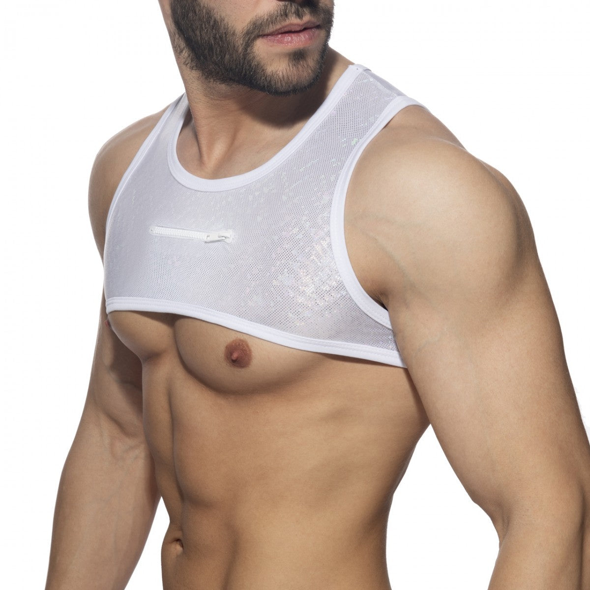 White mesh tank top glitter harness with small chest zipper detail suitable for stylish layering and casual wear