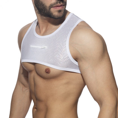 White mesh tank top glitter harness with small chest zipper detail suitable for stylish layering and casual wear