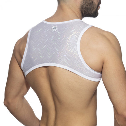 White mesh tank top glitter harness with subtle glittery texture and white trim