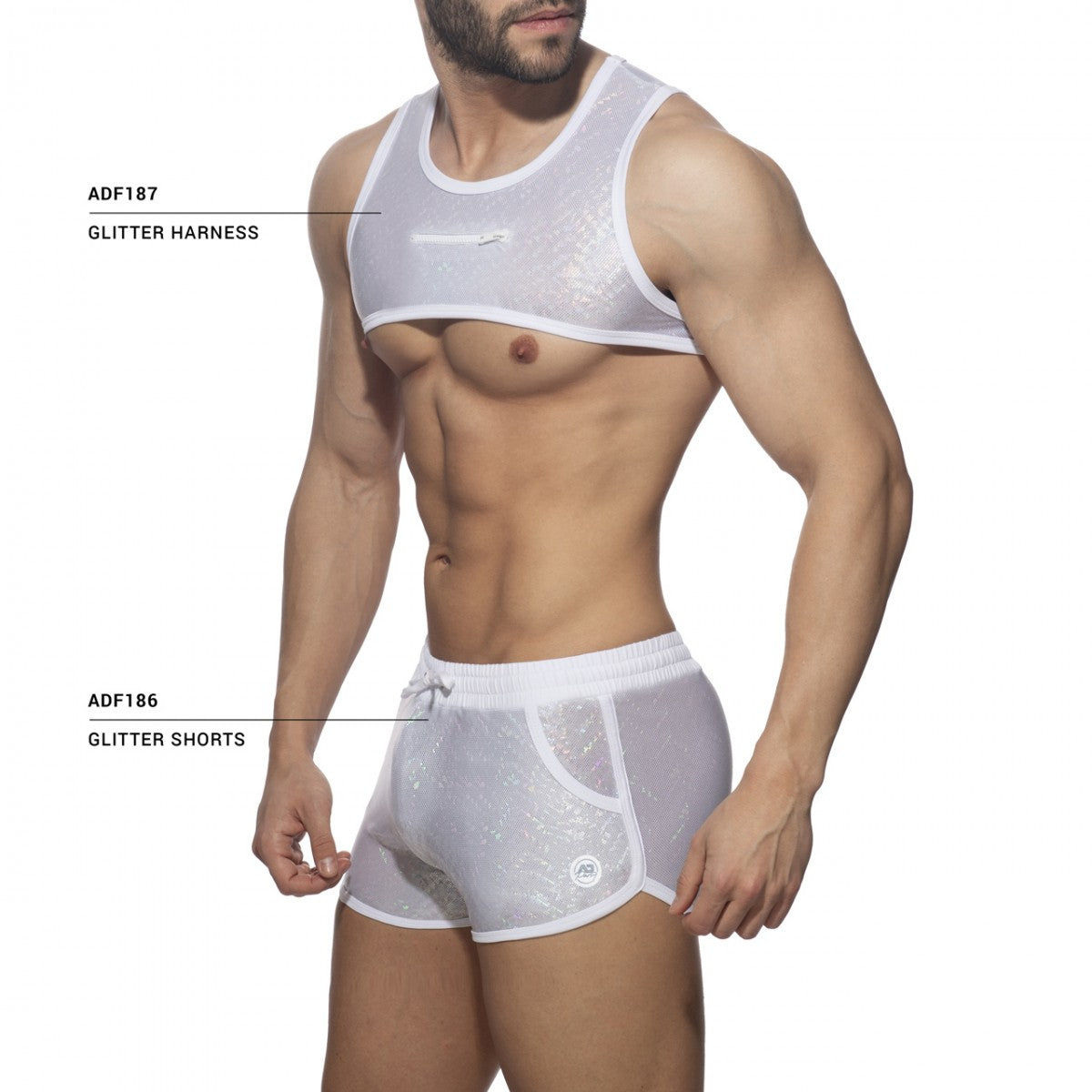 White glitter mesh harness and shorts set showcasing the back side in the glitter harness collection