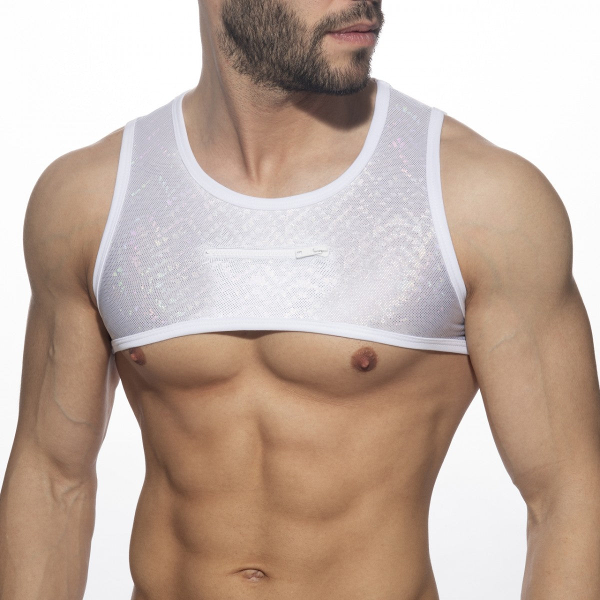 White mesh tank top glitter harness with subtle textured pattern and white trim for stylish layering