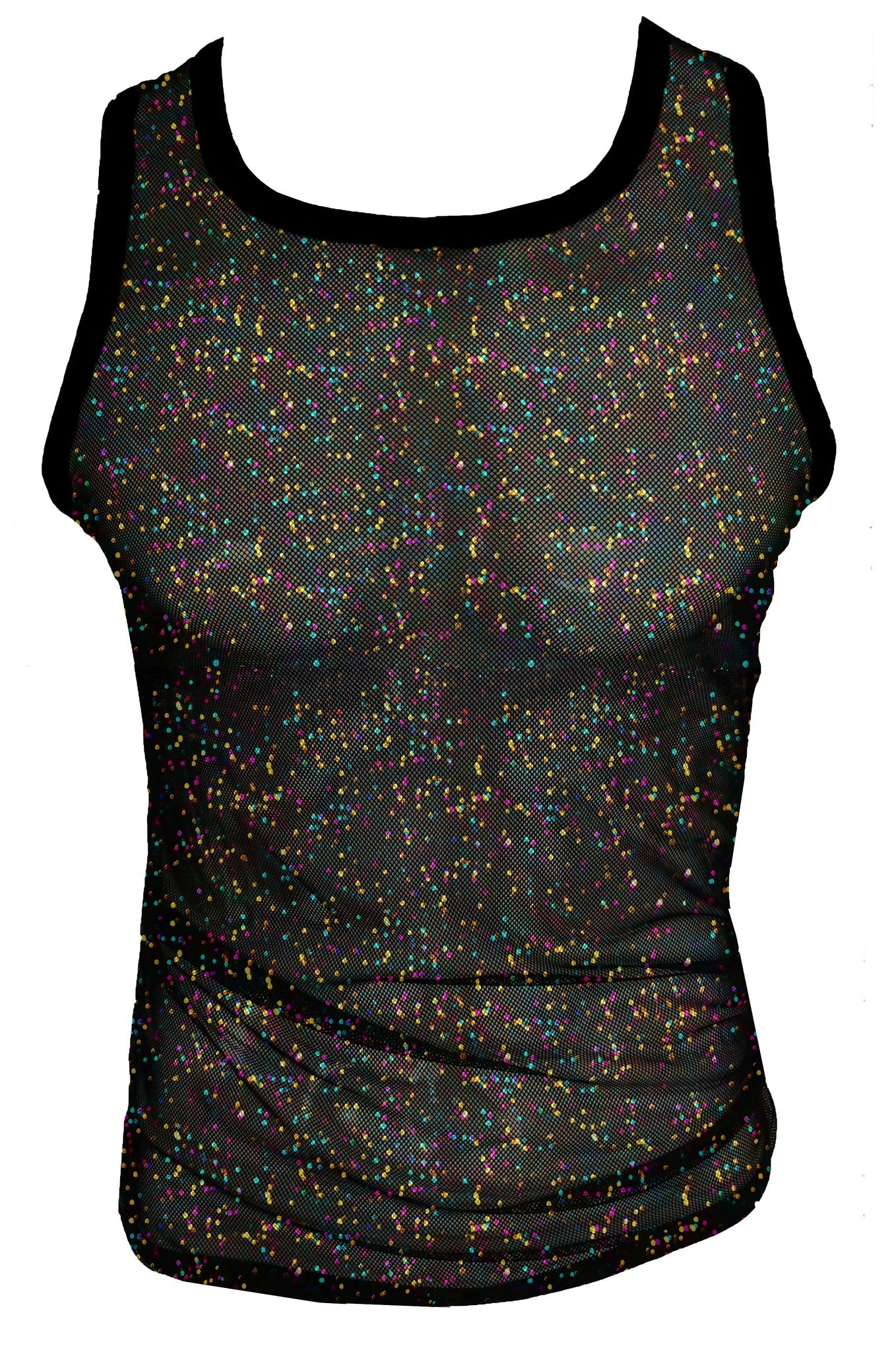 Black mesh glitter mesh tank with iridescent multicolored speckles and solid black trim for stylish layering