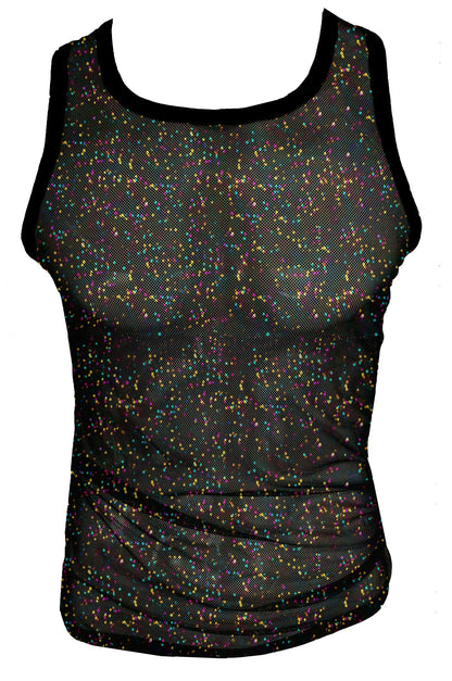Black mesh glitter mesh tank with iridescent multicolored speckles and solid black trim for stylish layering