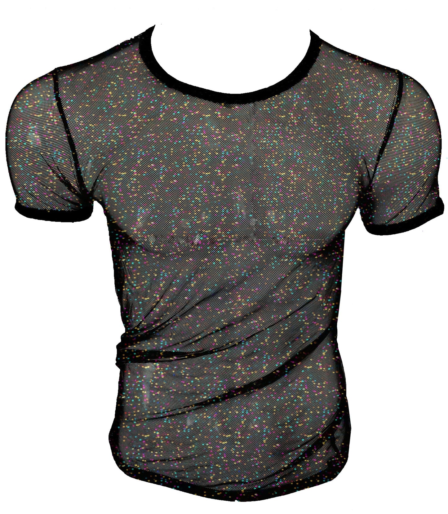 Black mesh t-shirt with iridescent glitter speckles and solid black trim in glitter mesh tee design