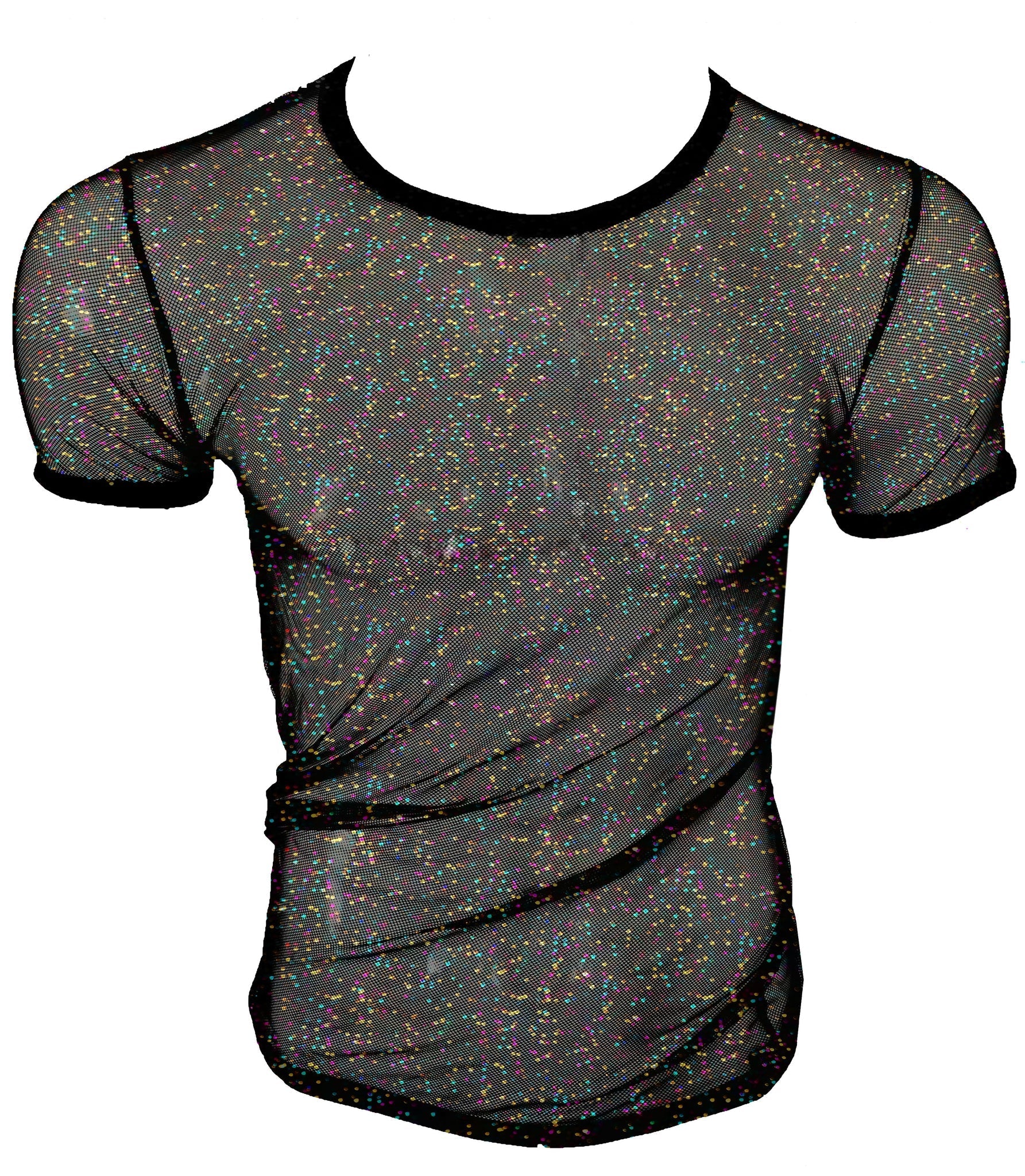 Black mesh t-shirt with iridescent glitter speckles and solid black trim in glitter mesh tee design