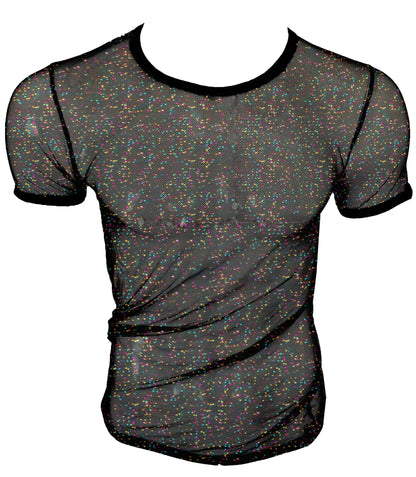 Black mesh t-shirt with iridescent glitter speckles and solid black trim in glitter mesh tee design