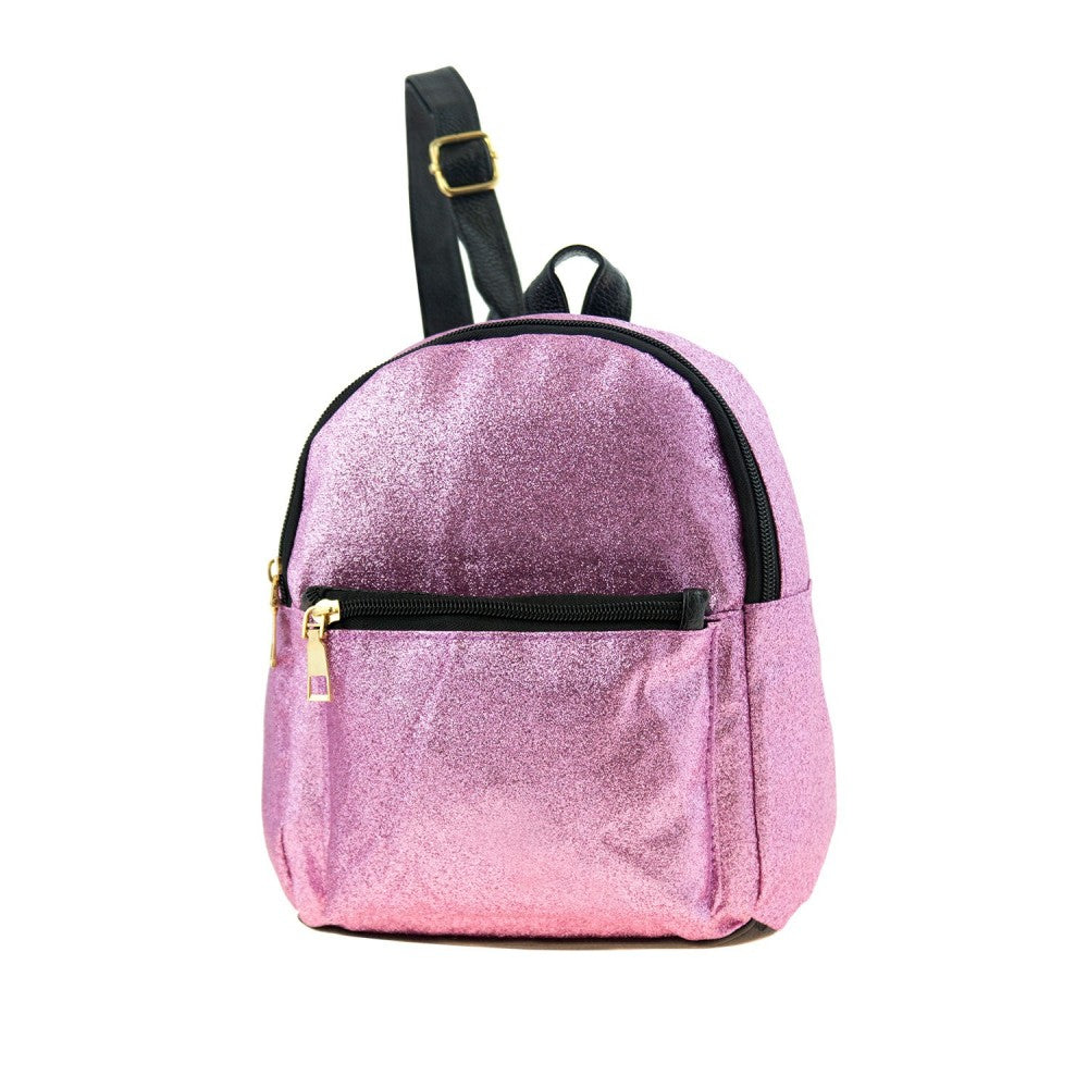 A shimmering pink glitter mini backpack with black zippers and gold-tone hardware for stylish carrying