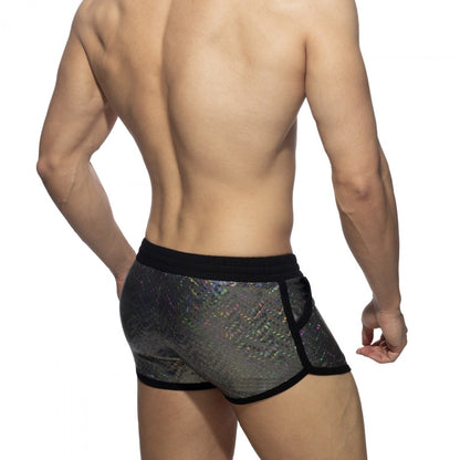 Black and silver holographic glitter short with mesh design showcasing stylish and breathable fabric details