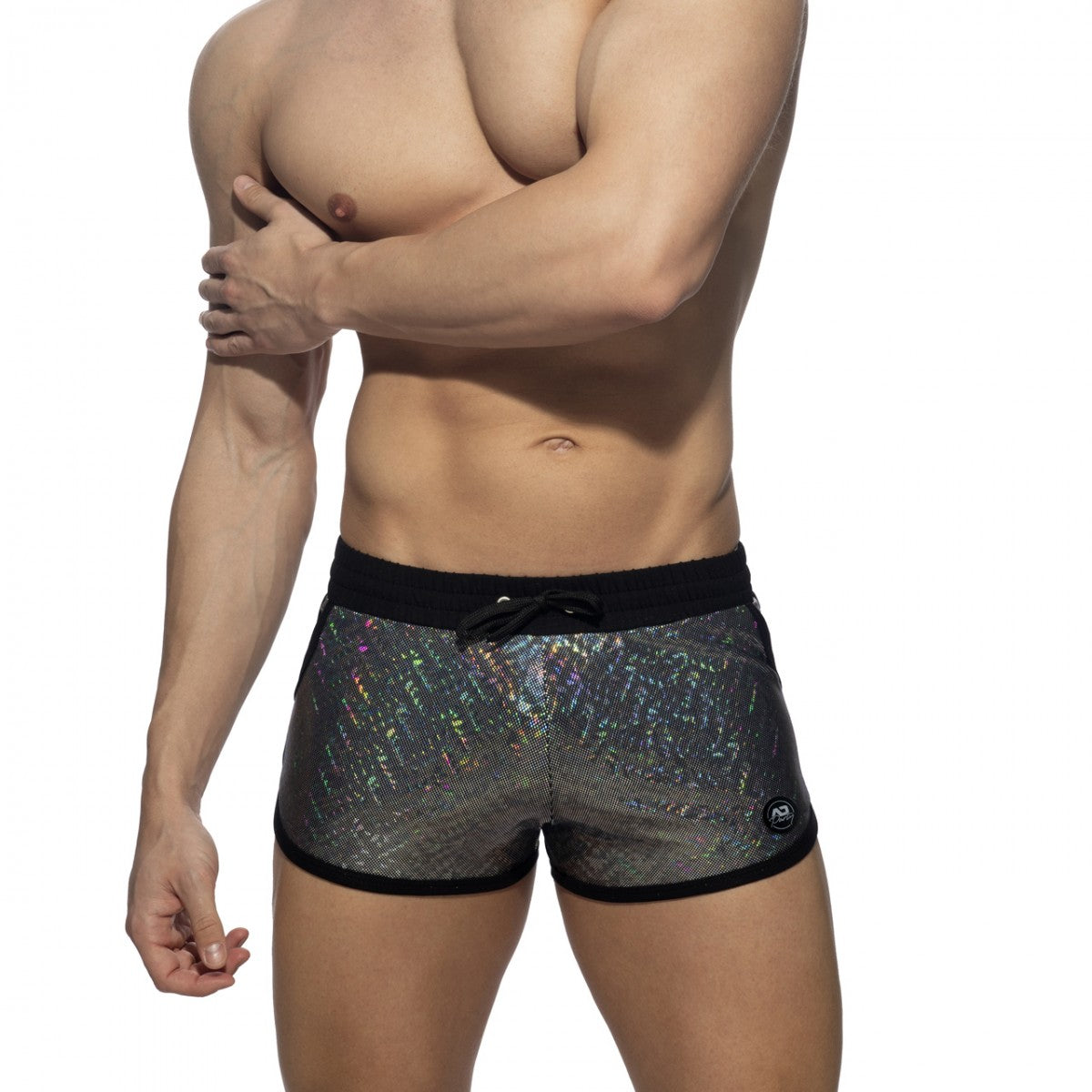 Glitter short swim trunks with black trim and shimmering iridescent silver holographic fabric for beachwear