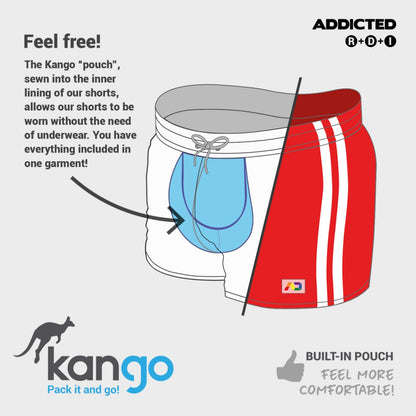 Glitter short red and white striped shorts with built-in blue pouch sewn into inner lining for secure storage