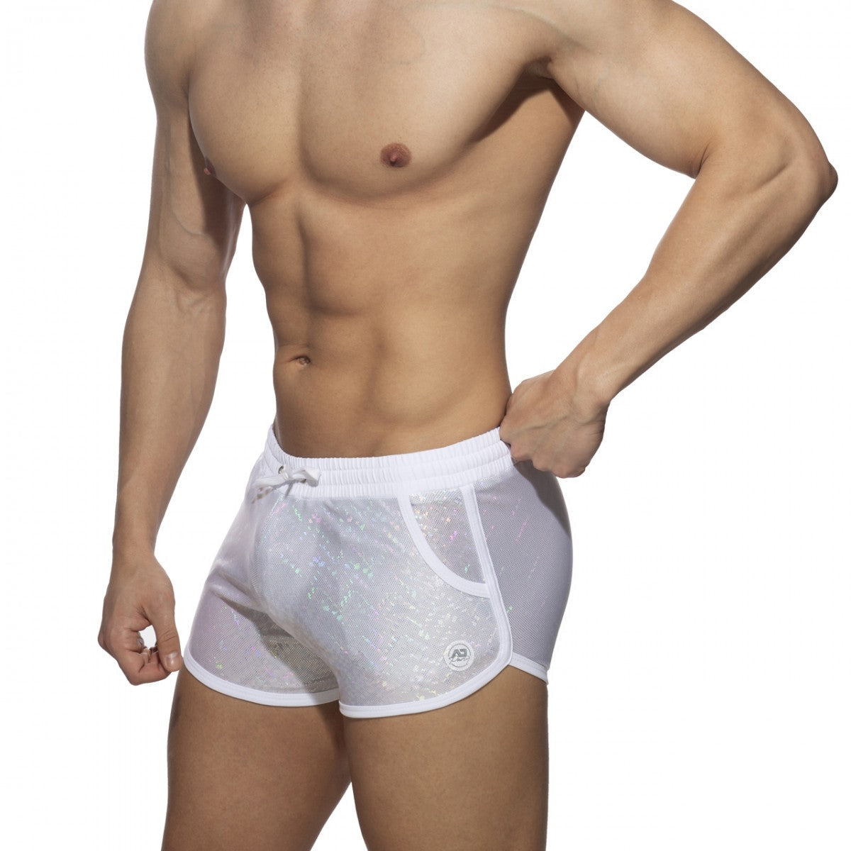 White mesh swim trunks glitter short with subtle shimmering pattern and white trim for stylish beachwear