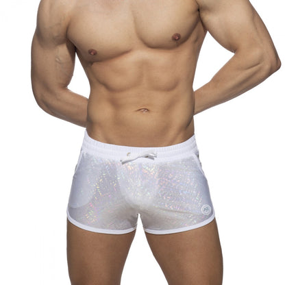 White sheer glitter short with holographic shimmer finish and white elastic waistband for stylish wear