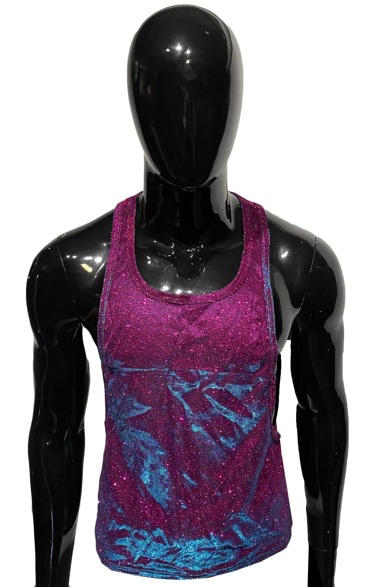 Glitter string tank shimmering magenta and blue gradient tank top with glittery textured fabric for stylish wear