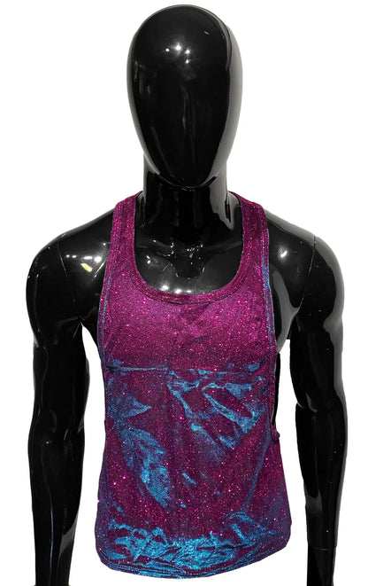 Glitter string tank shimmering magenta and blue gradient tank top with glittery textured fabric for stylish wear