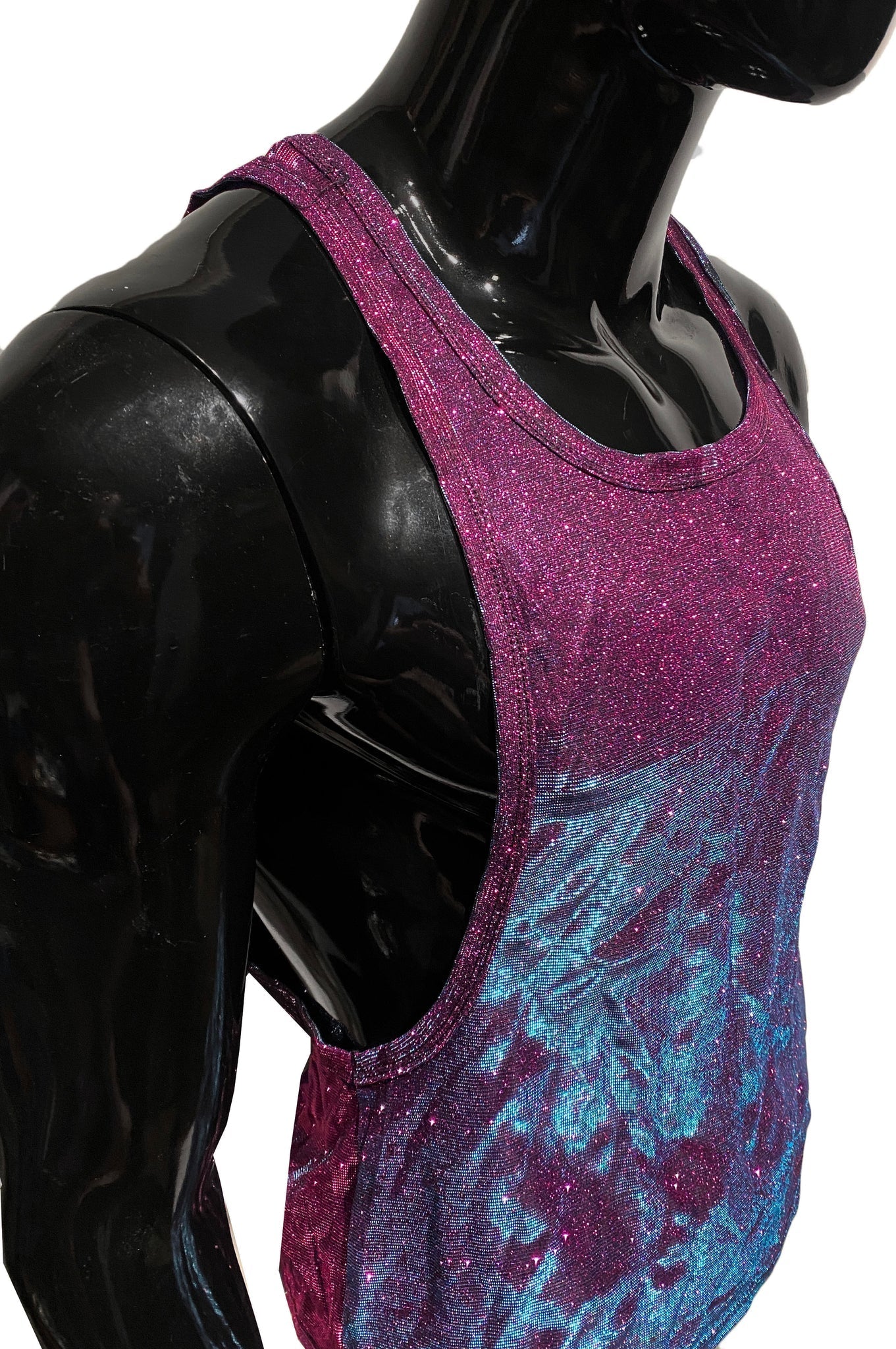 Glitter string tank shimmering gradient tank top with vibrant pink to blue tie dye pattern and sparkling glitter finish