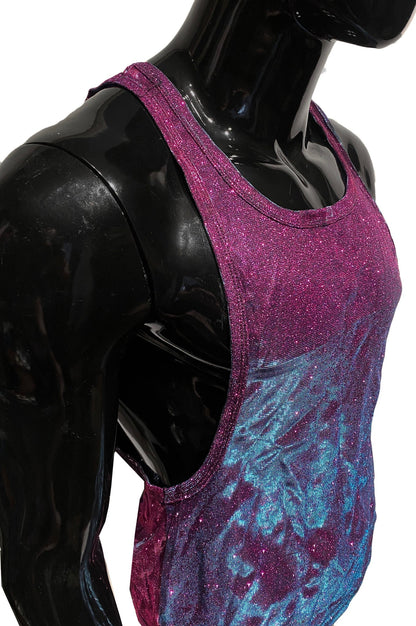 Glitter string tank shimmering gradient tank top with vibrant pink to blue tie dye pattern and sparkling glitter finish