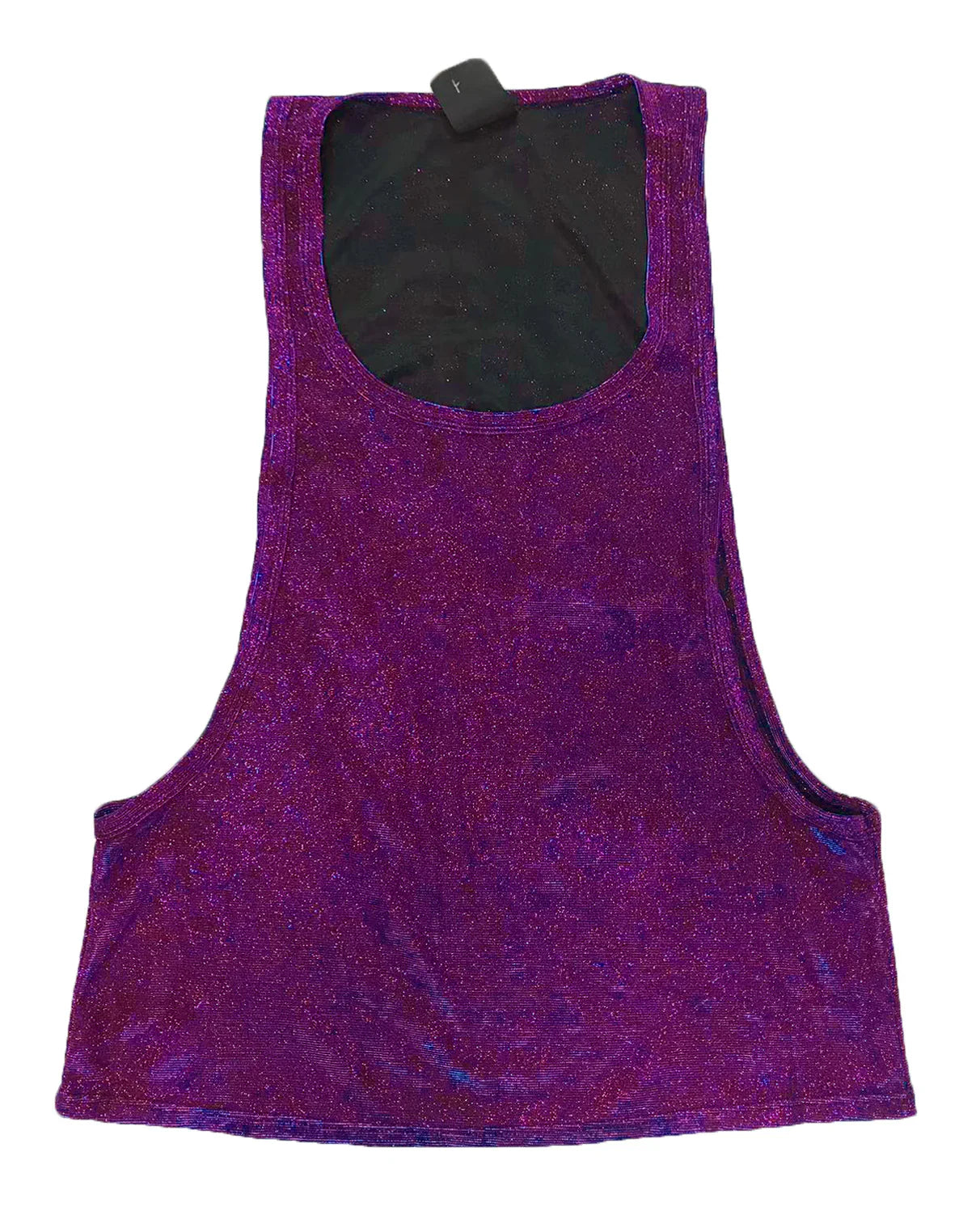 Purple glitter string tank top with black interior lining made of sparkly fabric for stylish casual wear
