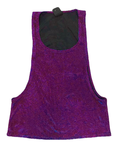 Purple glitter string tank top with black interior lining made of sparkly fabric for stylish casual wear