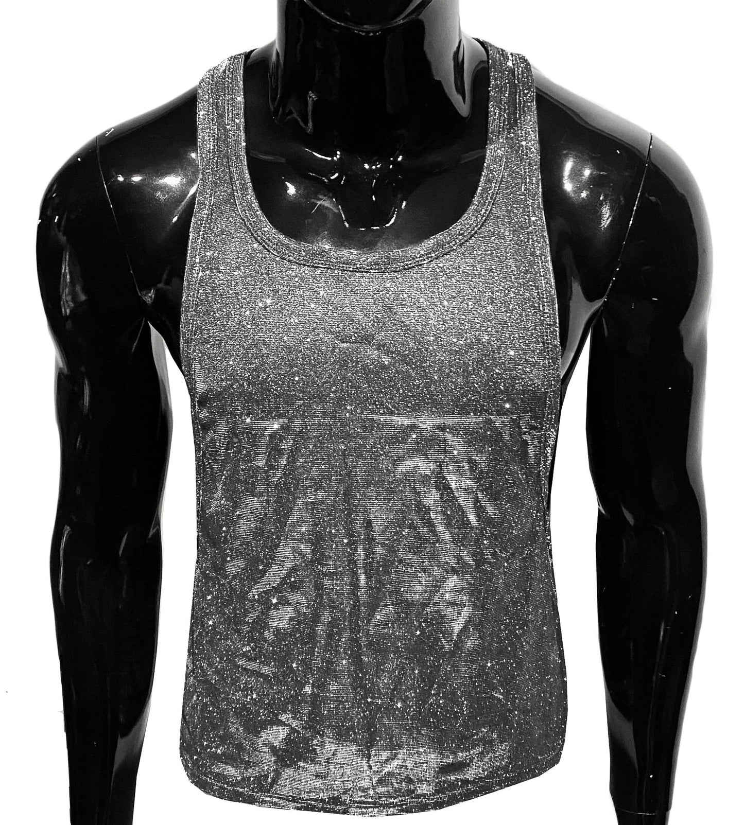 Shiny silver sequined glitter string tank top with subtle gradient effect and sleeveless design