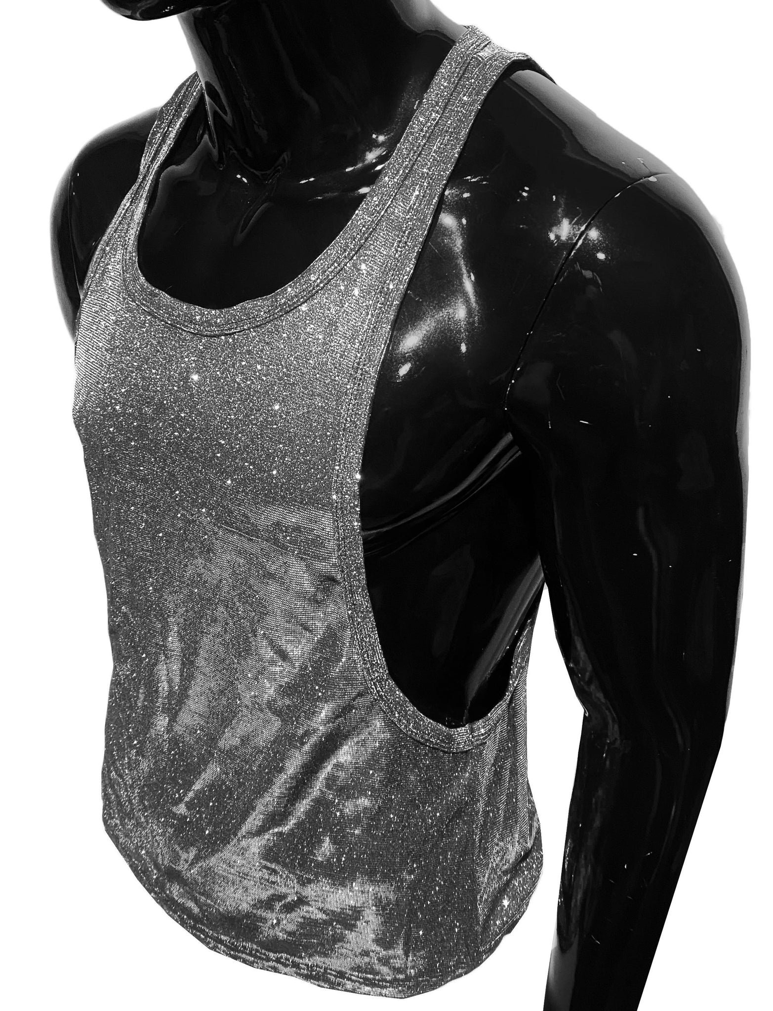 Shiny silver glitter string tank top with a cutout side panel made of sparkling material for stylish wear