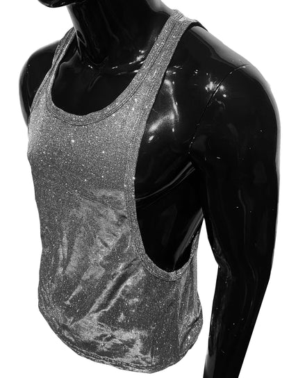 Shiny silver glitter string tank top with a cutout side panel made of sparkling material for stylish wear