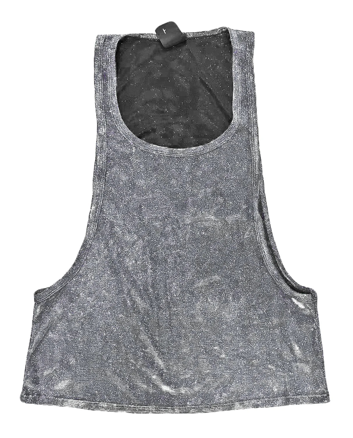 Gray metallic glitter string tank top with distressed finish and black interior lining