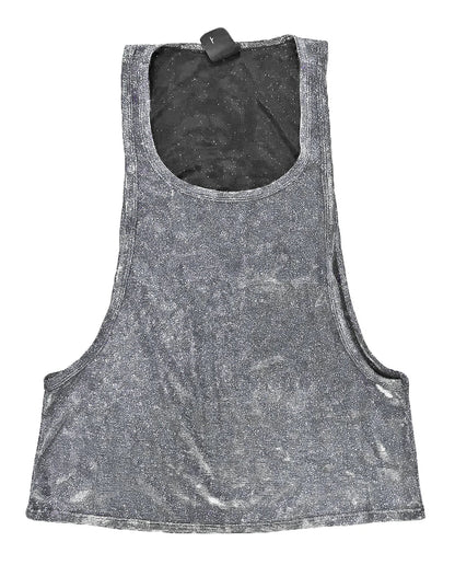 Gray metallic glitter string tank top with distressed finish and black interior lining