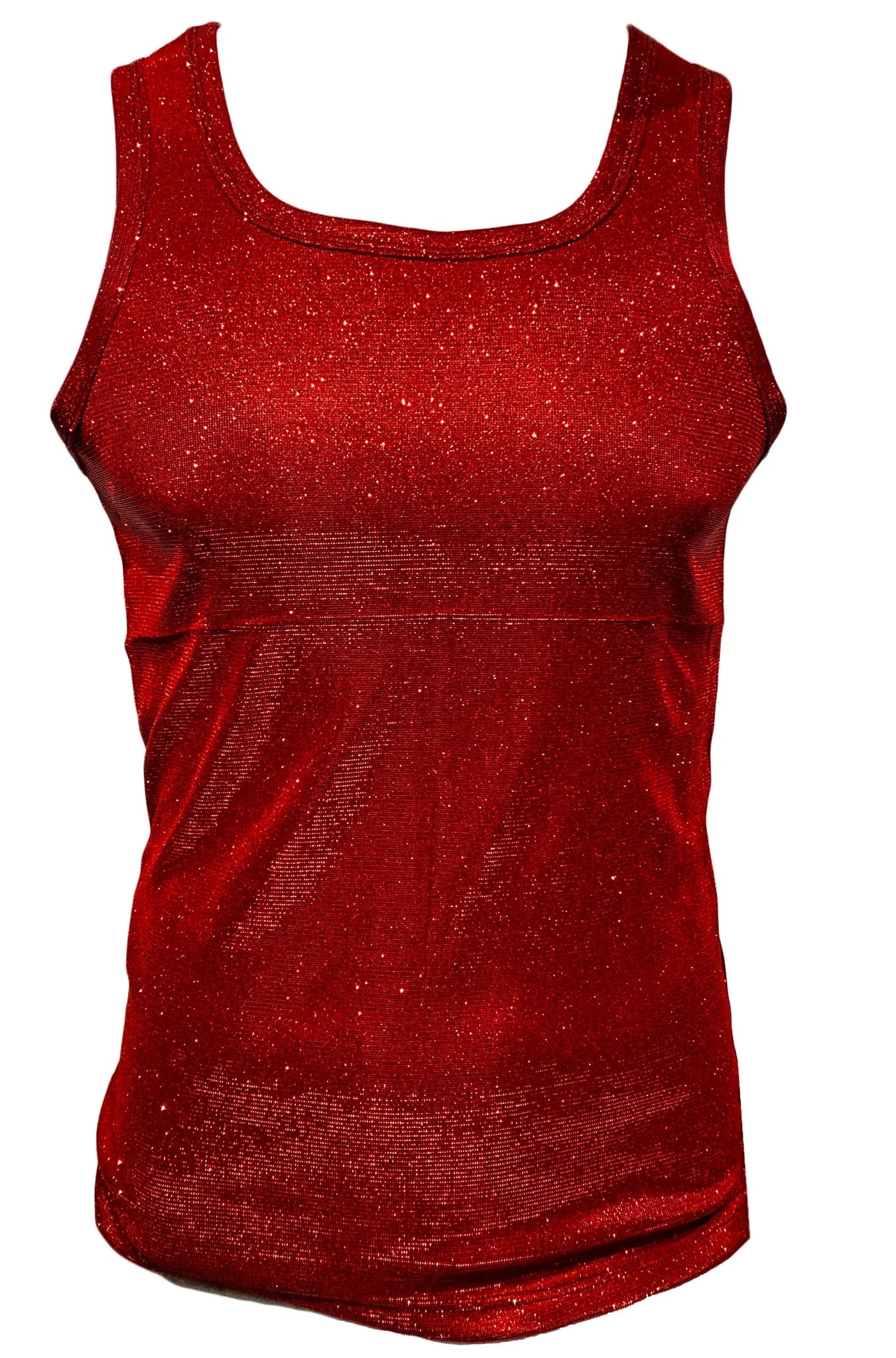 A shimmering red sequined tank top with square neckline and subtle horizontal seam detail called glitter tank