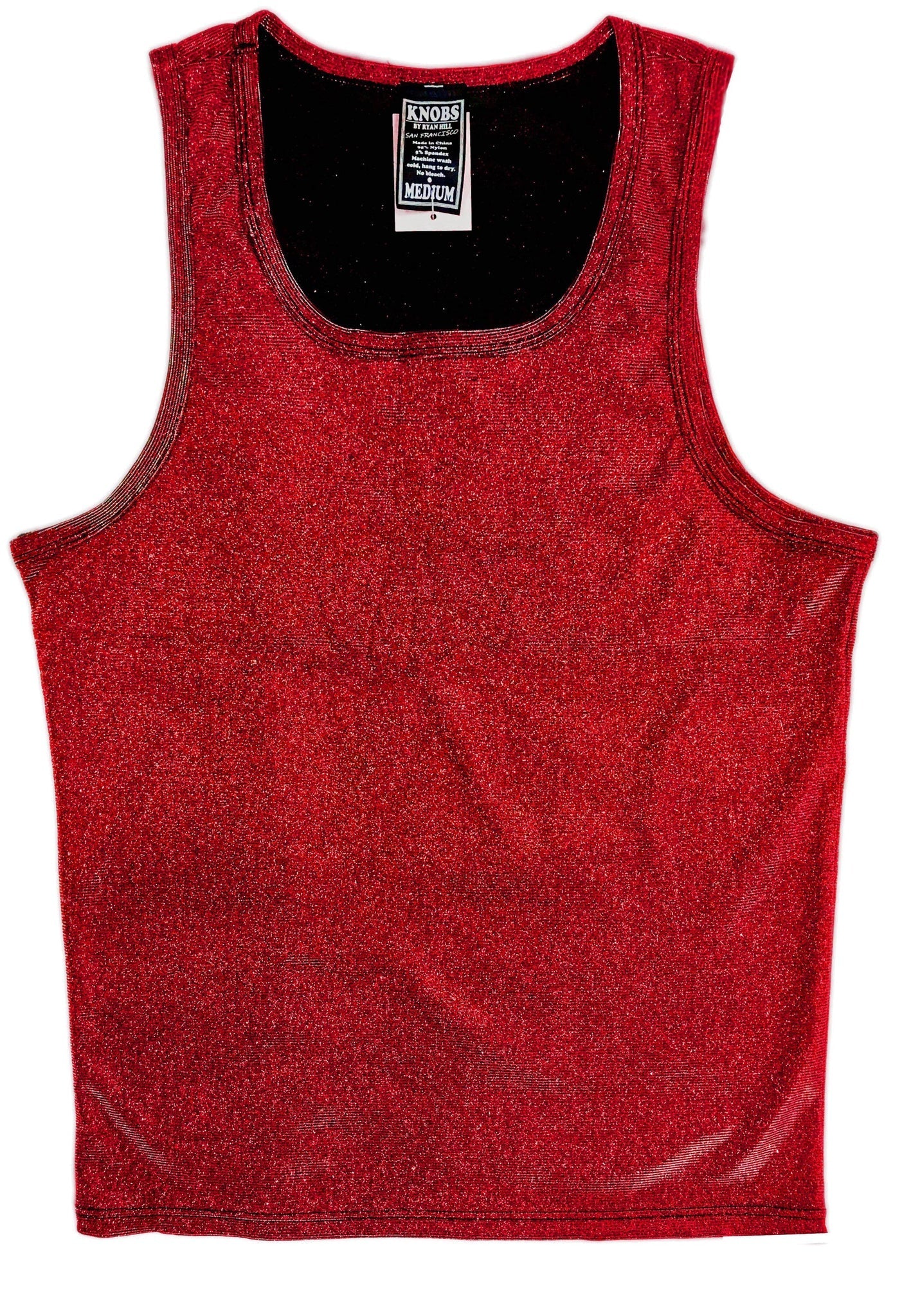 Red glittery tank top with black inner lining and knoss brand tag for stylish casual wear