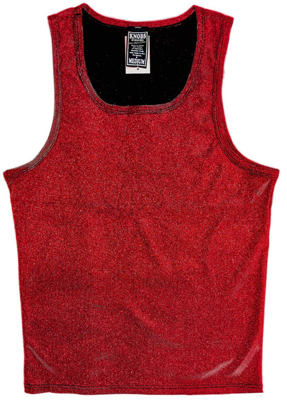 Red glittery tank top with black inner lining and knoss brand tag for stylish casual wear