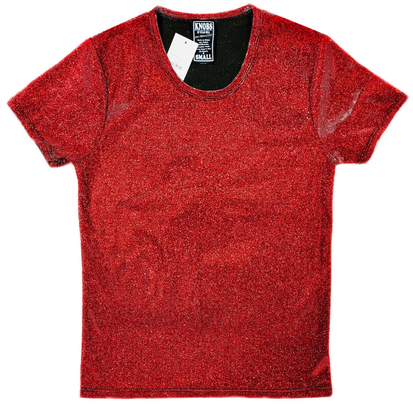 Red glittery short-sleeved t-shirt with black inner collar and Knobs brand tag in the front titled Glitter Tee