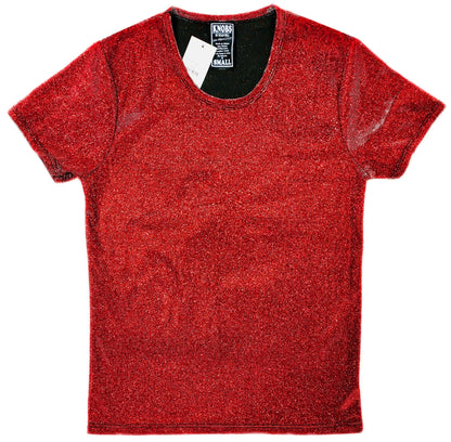 Red glittery short-sleeved t-shirt with black inner collar and Knobs brand tag in the front titled Glitter Tee