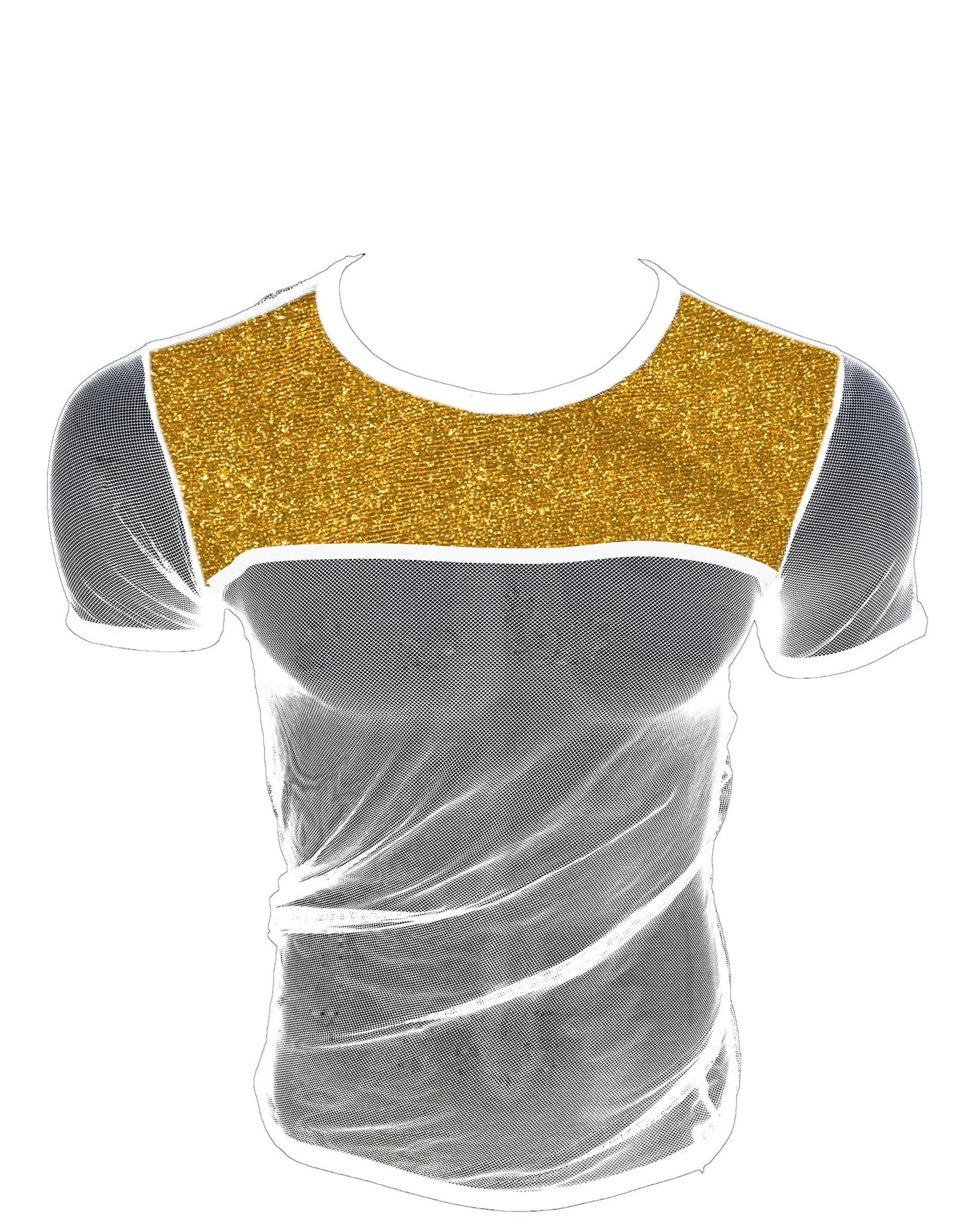 Short-sleeved glitter trim fine mesh tee with shimmering gold glitter panel and sheer gray mesh fabric accents