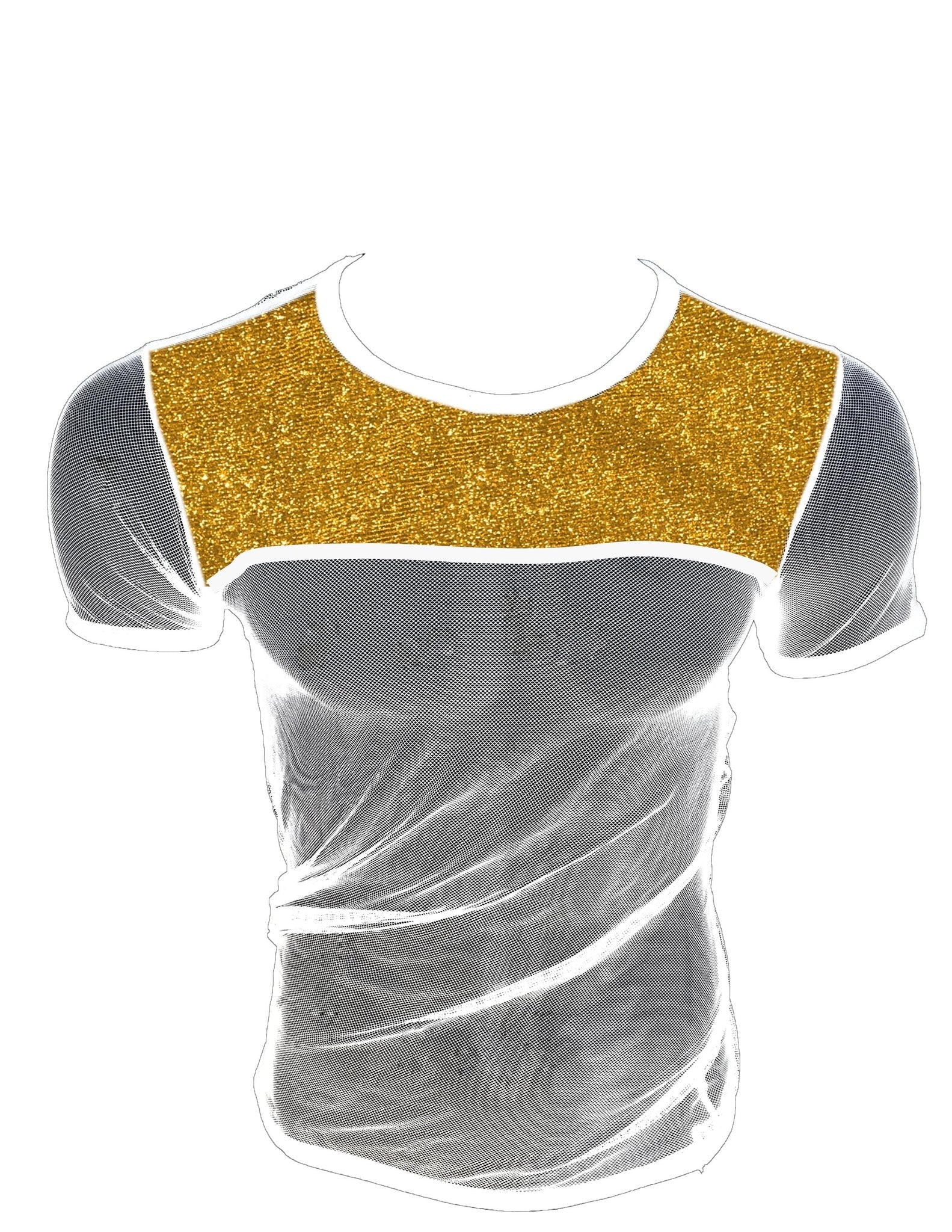 Short-sleeved glitter trim fine mesh tee with shimmering gold glitter panel and sheer gray mesh fabric accents