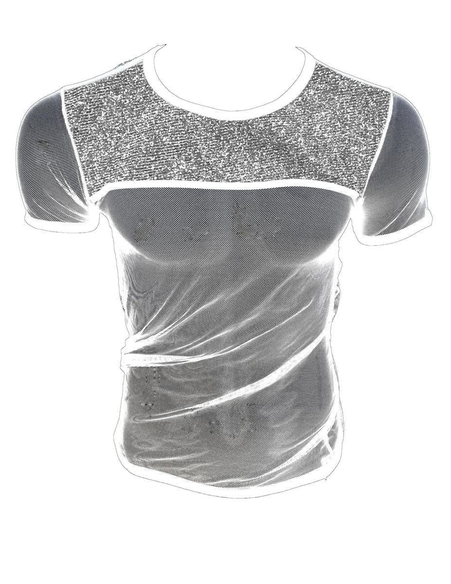 Glitter trim fine mesh tee in shimmering silver sequined mesh with a sleek form fitting design