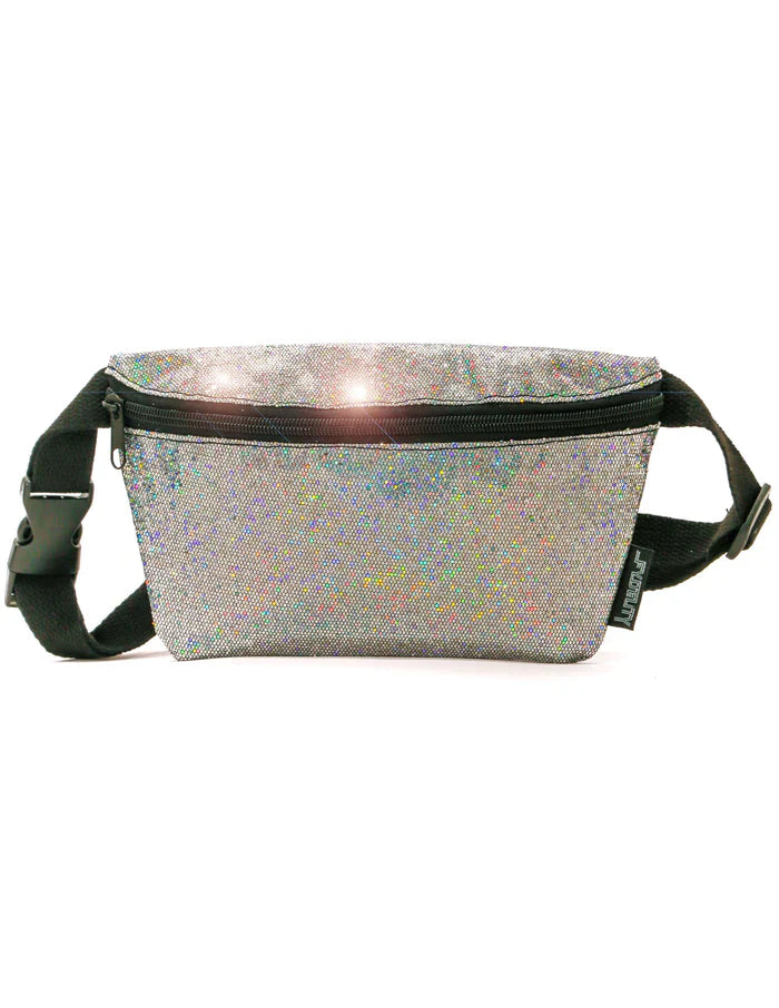 Silver holographic glitter ultra slim fanny pack with black zipper and adjustable strap for hands-free carrying