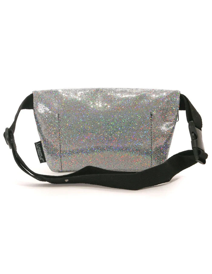 Silver holographic glitter ultra slim fanny pack with black adjustable strap and buckle for hands-free carrying