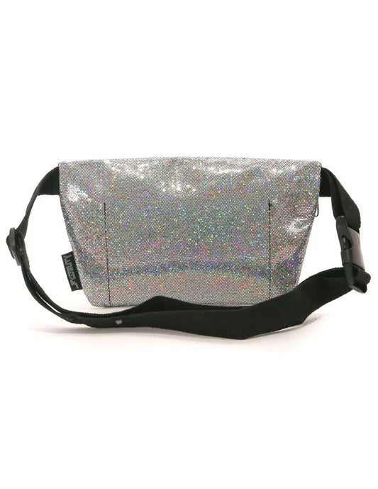 Silver holographic glitter ultra slim fanny pack with black adjustable strap and buckle for hands-free carrying