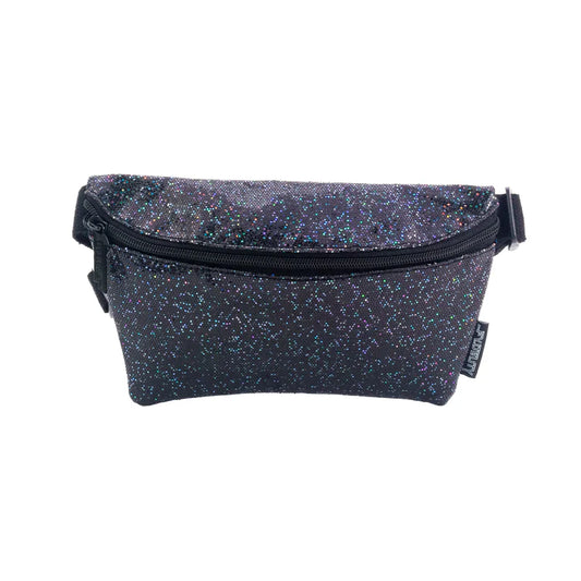 Black glitter ultra slim fanny pack with subtle iridescent sheen and black zipper for stylish hands-free carry