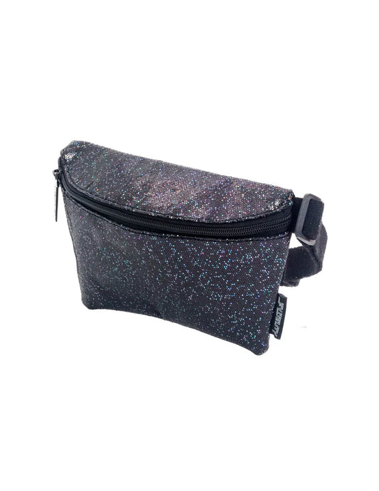 Glitter ultra slim fanny pack made of black glittery fabric with zipper closure and adjustable strap