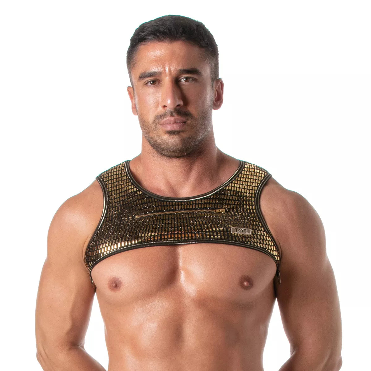 Gold metallic mesh glitter zipped harness with central zipper and brand tag for stylish wear