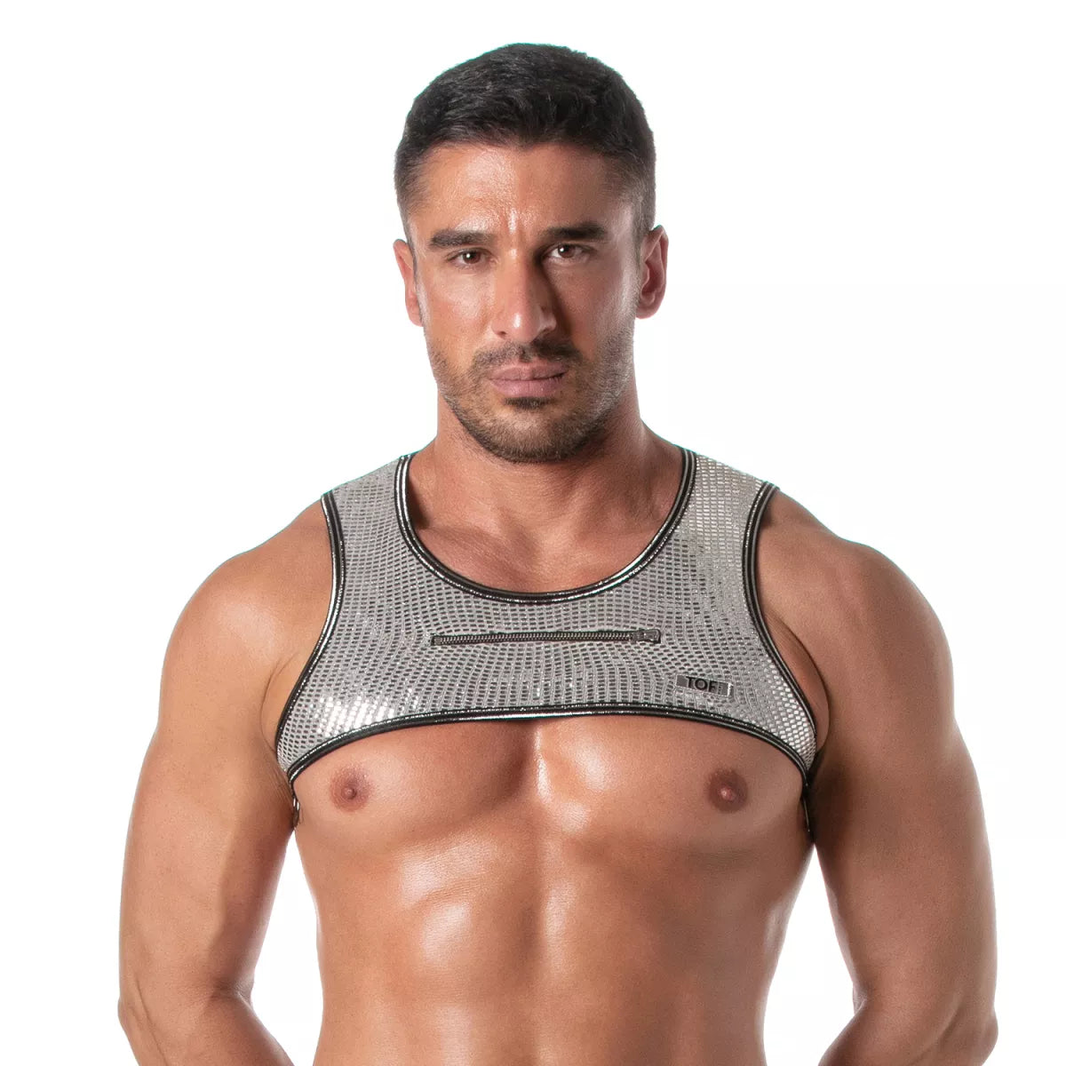 Silver metallic mesh tank top with black trim and zipper detail from the glitter zipped harness collection