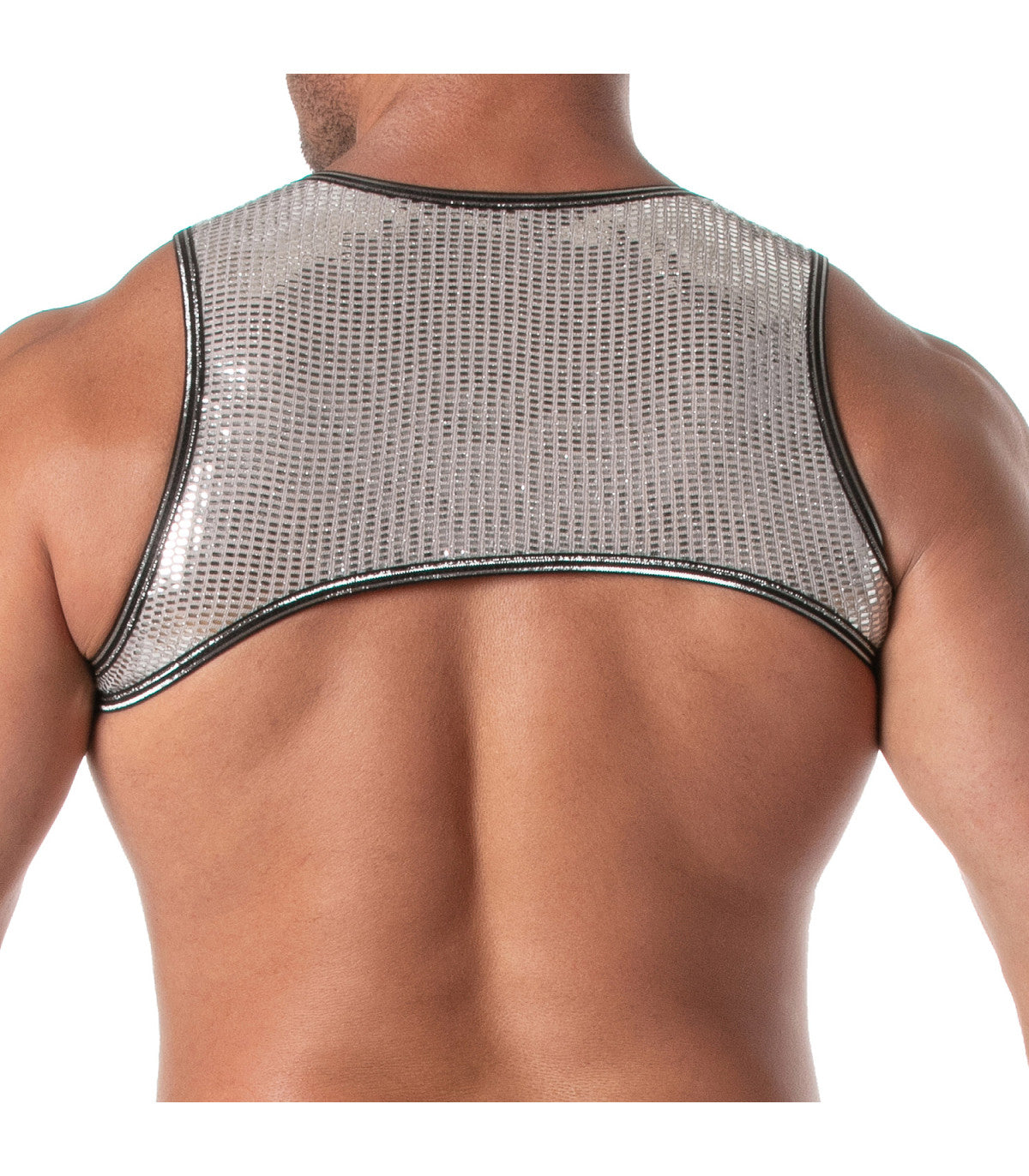 Silver mesh tank top with black trim glitter zipped harness featuring zipped harness detail for edgy style